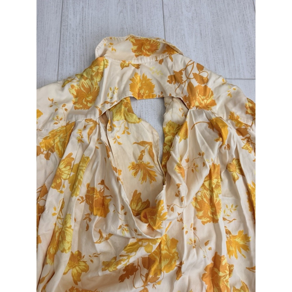 Free People Silk Button Down Shirt Sz S‎ Floral Yellow Open Back - Picture 5 of 9